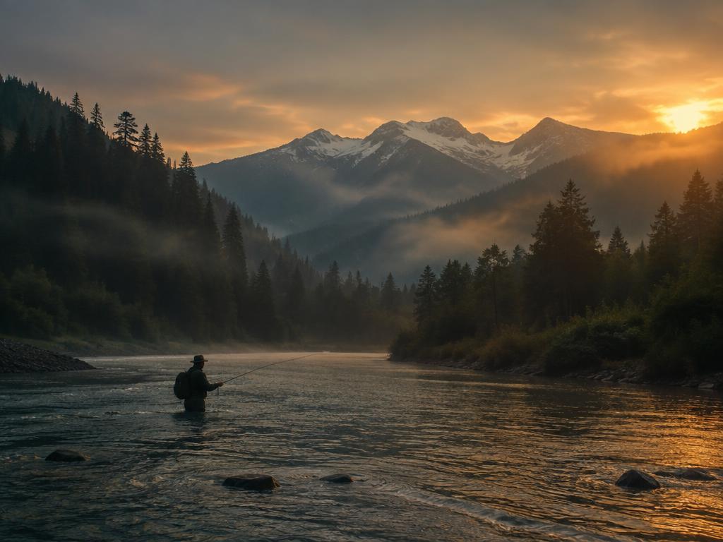 Angler on a misty Sierra river at dawn